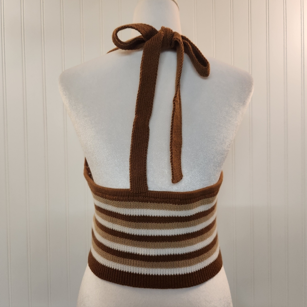 Women's Brown Stripes Crochet Knit Cropped Halter Tank Top Size XL Y2K 90s Brat - Picture 2 of 8